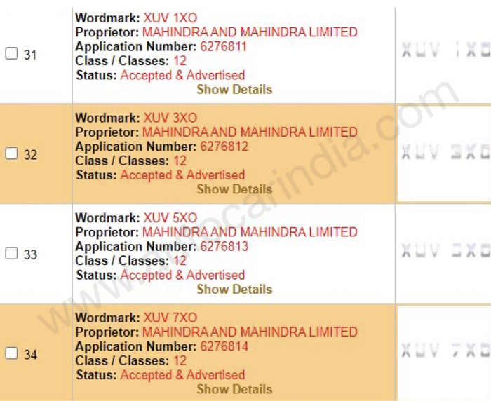 Mahindra XUV 7XO trademark